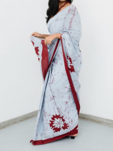 Light Blue And Maroon Handmade Batik Saree