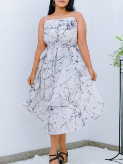 White Batik Dress With Black & Maroon Cracks